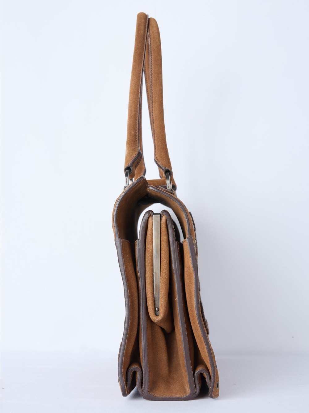 PRADA BROWN SUEDE GROMMET FRAME SATCHEL - Picture 4 of 7
